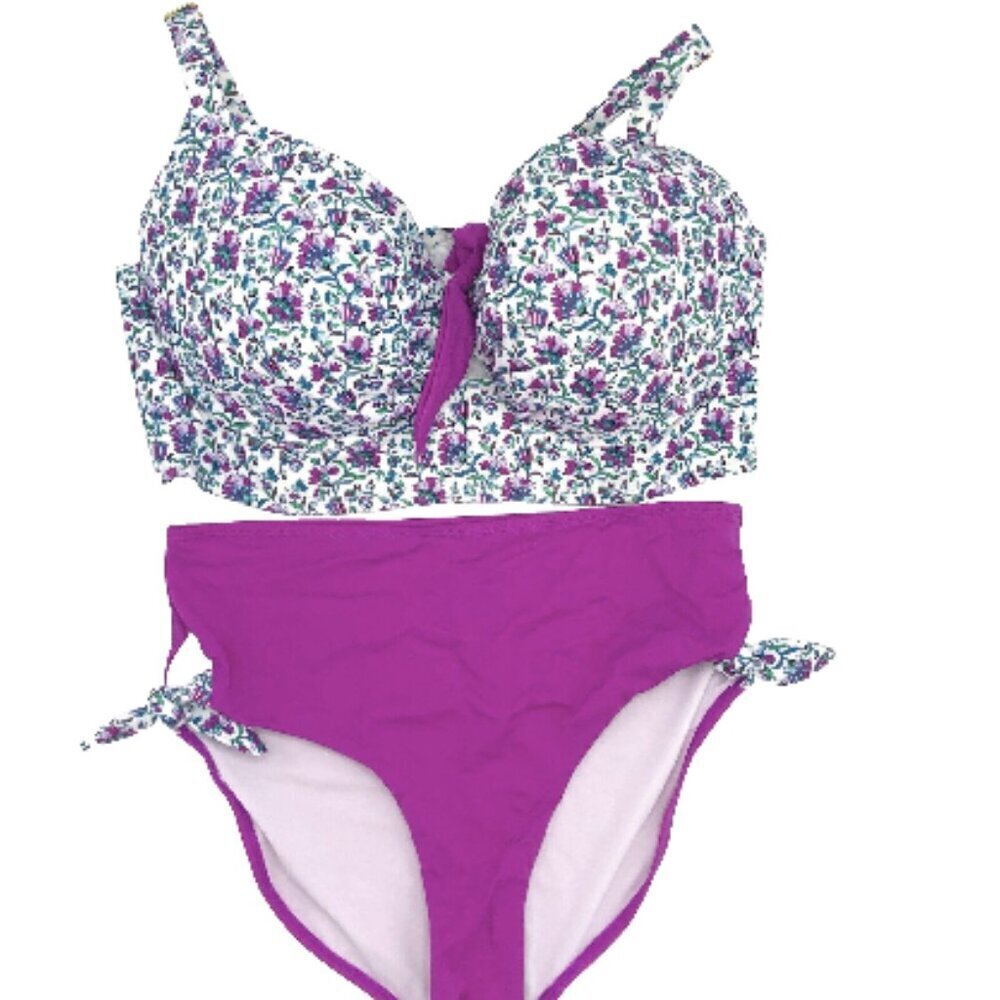 SWIMSUITS FOR ALL Bikini Set Floral High Waist Underwire Side Tie 12 40DD Swim